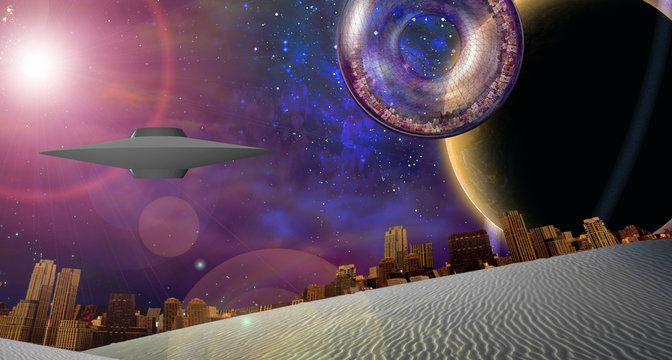 High Resolution 3D interstellar city ship near ringed planet