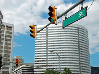 American business street with traffic lights