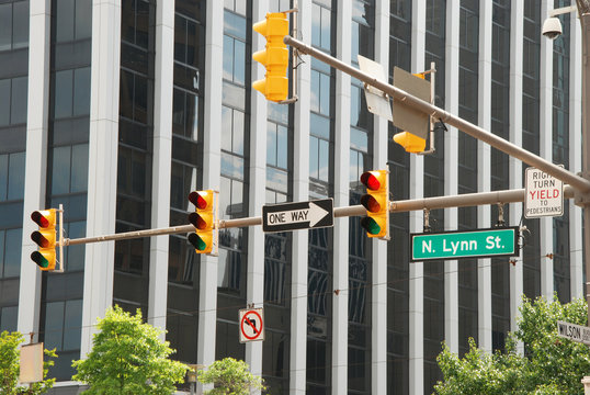 American Business Street With Traffic Lights