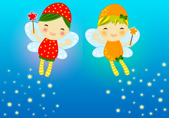 fata rossa e fata arancione su sfondo blu con scia di stelle © Angela