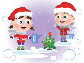 Children watering fir