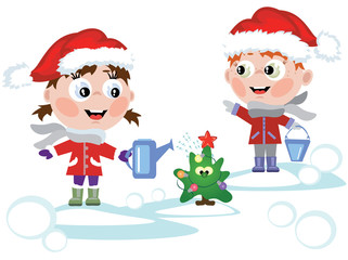 Children watering fir