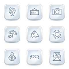 Travel web icons set 5, white glossy buttons