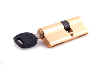 Closed blue locksmith with key isolated on white background.