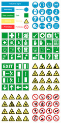 Hazard safety and green emergency signs vector set