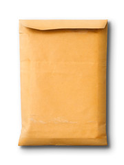 Close Old brown document envelope isolated on white background