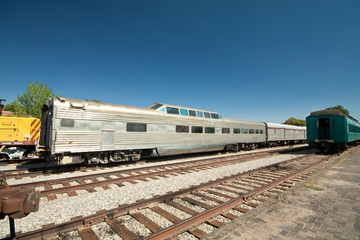 Fototapeta na wymiar Stopped Railroad Train Observation Car Siding, Santa Fe NM, USA