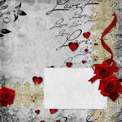 Romantic  vintage background with red roses and hearts (1 of set