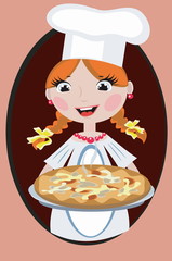Girl cook with pizza.