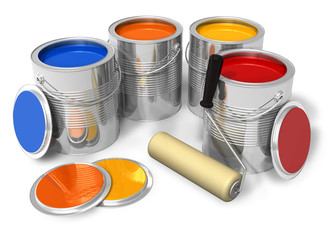 Cans with color paint and roller brush