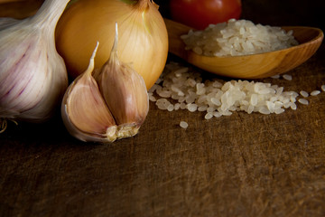 set of nutrution food on wood