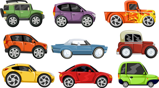 Set of nine colorful cartoon cars
