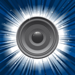 speaker with blue star burst background