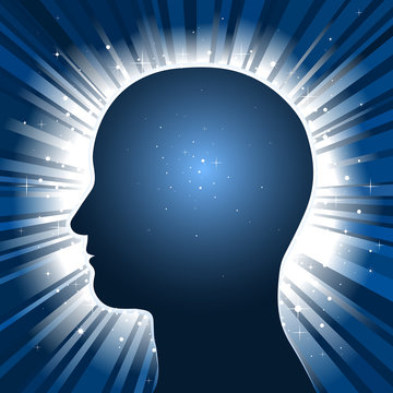 head silhouette with star burst background
