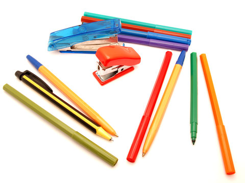 Felt-tip pens, stapler and paint