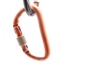 Close-up of a blue carabiner isolated over white