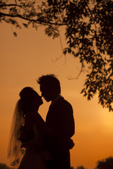 silhouette of a young bride and groom