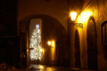 mysterious narrow alley with christmas tree