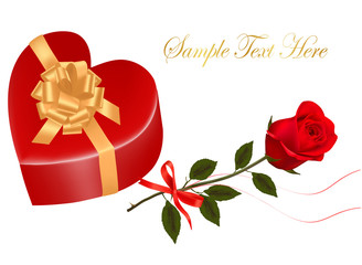 Valentine`s day card. Beauty red rose and gift box with bow.