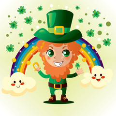Leprechaun holding a gold horseshoe and shamrock