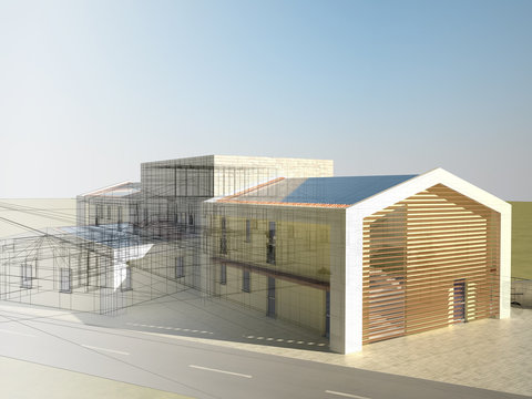 edificio ecostostenibile a pannelli solari render 3d progetto