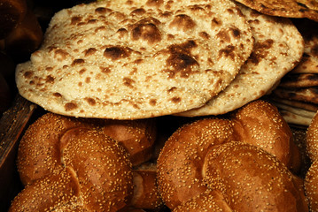 Stack of delicious bakery items in the market