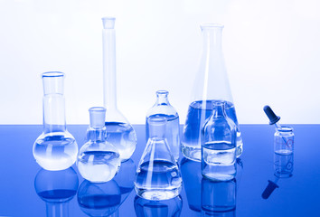 Laboratory Glassware in blue background