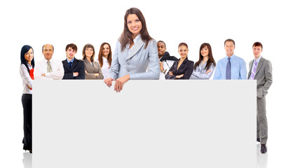 group of business people holding a banner ad isolated