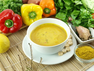 Bowl of chicken and curry soup