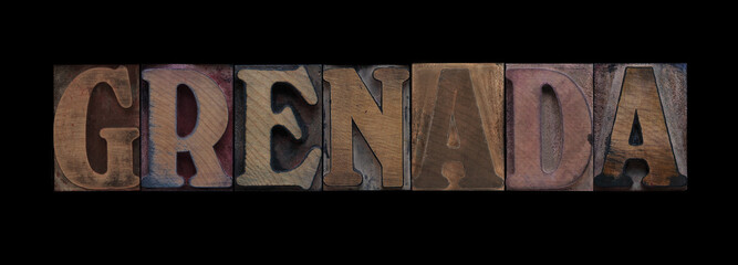 the word Grenada in old letterpress wood type