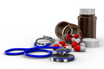 Stethoscope and pills on white background. Isolated 3D image