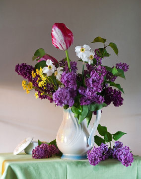 still life with tulips and lilac