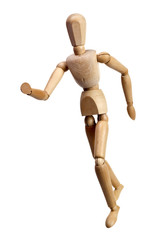 Running wooden mannequin isolated on white