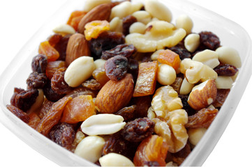 Fruit and nuts mix in the box isolated