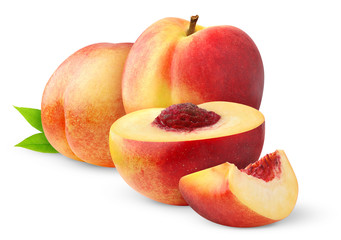 Isolated nectarine peaches. Cut nectarine fruits isolated on white background