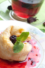 tea, pancakes with bilberry jam