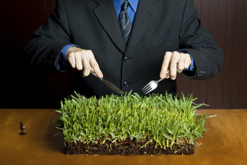 Man holding a fork and knife cutting into a plate of grass