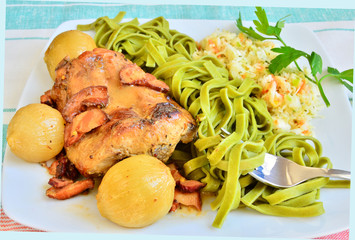 Braised rabbit loin with onion, bacon and mustard
