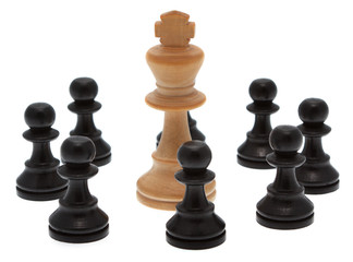 K&ouml;nig mit Bauern vor wei&szlig;en Hintergrund