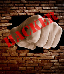 fist punching thru a brick wall with Hacker text