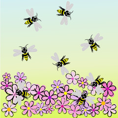 Bees and flowers, spring landscape