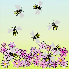 Poster Bijen en bloemen, lentelandschap © hibrida