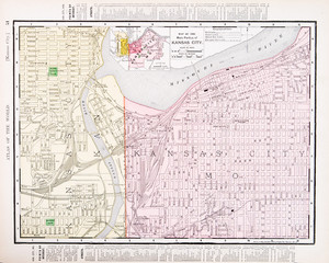 Vintage Color Street Map Kansas City Missouri and Kansas, USA