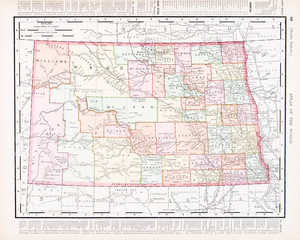 Fototapeta na wymiar Antique Vintage Color Map of North Dakota, ND, United States USA