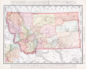 Antique Vintage Color Map of Montana, MT, United States, USA - 28845712