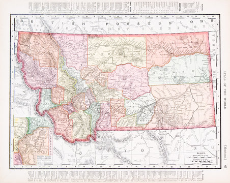 Antique Vintage Color Map of Montana, MT, United States, USA