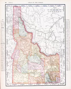 Antique Vintage Color Map of Idaho, ID, United States, USA