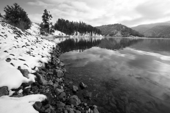 Black and white lake scenic.