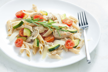 pasta penne with turkey meat and vegetables