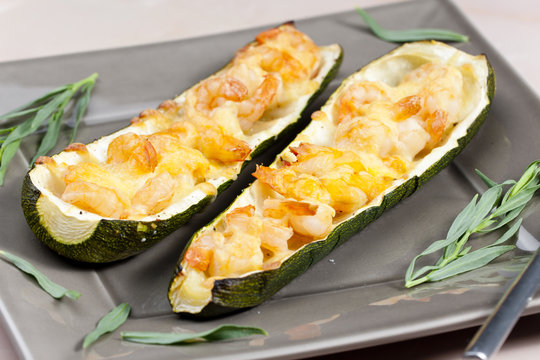 baked prawns on zucchini